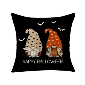 Square Halloween pillow cover with gnome prints and Happy Halloween text on black linen