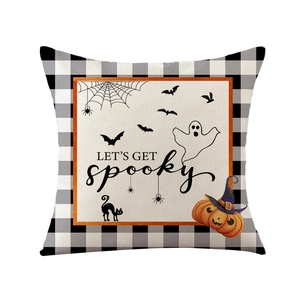 Halloween pumpkin linen pillow cover with spooky prints and checkered border for home decor