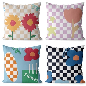 Checkerboard floral peach skin pillow covers in four colorful modern art patterns