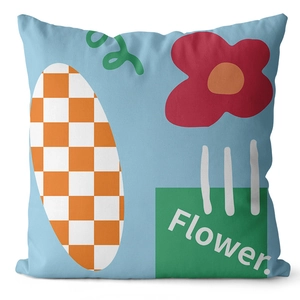 Modern light blue checkerboard floral print square pillowcase in peach skin fabric
