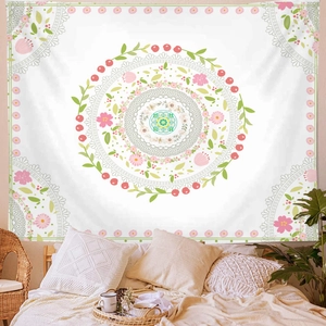 Bohemian floral mandala tapestry with pink daisies and green leaves for bedroom wall decor