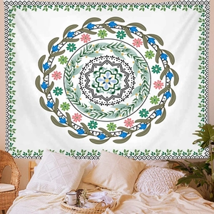 Bohemian floral mandala wall tapestry featuring green leaves and pink blossoms for room decor
