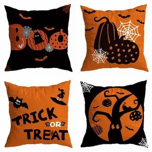 Set of 4 Halloween throw pillow covers with pumpkin, bat, and Trick or Treat designs