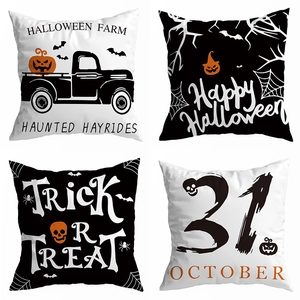 Halloween pillow covers with pumpkin truck, skeleton, and spider web prints for home decor