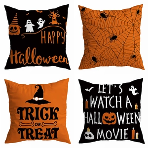 Set of 4 Halloween pillow covers featuring pumpkins and ghosts on orange and black canvas