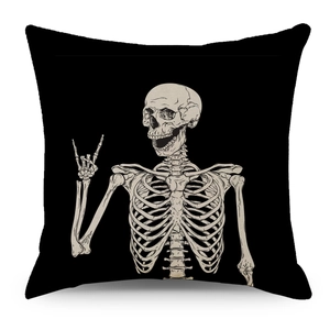 Black linen Halloween throw pillow cover featuring a white skull rock hand gesture graphic