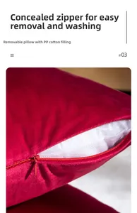 Détail de la fermeture éclair cachée sur coussin de mariage en velours rouge et coton PP