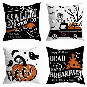 Set of four Halloween pillow covers with pumpkin truck and spooky house designs