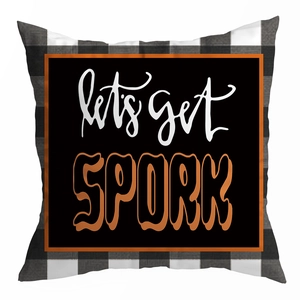 Detailed view of white cotton square pillowcase with Let's Get Spooky Halloween print