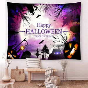 Halloween wall tapestry with pumpkins, bats and graveyard design in purple night scene