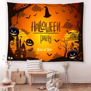 Detail of Halloween tapestry featuring pumpkins, ghosts, and bats on a gradient background