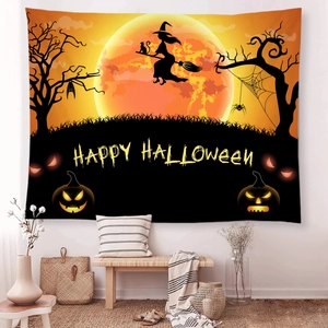 Detailed view of Halloween wall tapestry with witch, pumpkins and Happy Halloween text