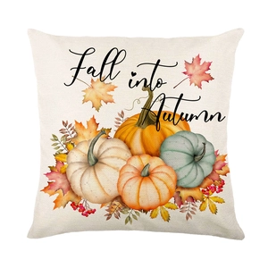 Fall into Autumn pumpkin throw pillow cover in linen with maple leaves and berries
