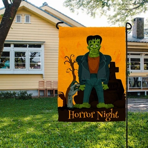 Détail du drapeau Halloween en lin double face avec motif Frankenstein et texte RIP