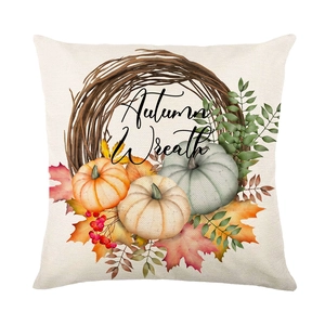 Autumn Wreath pumpkin pillow cover with hand-painted maple leaves on cotton linen fabric