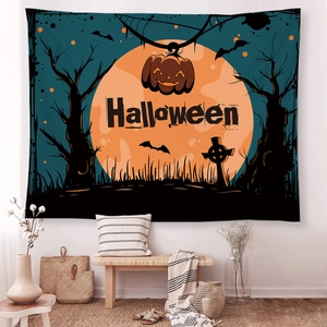 Halloween wall tapestry featuring pumpkin lanterns and bats in a cozy living room setup