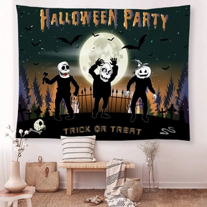 Halloween tapestry with cartoon skull and pumpkin figures for festive wall decor