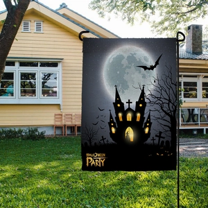 Drapeau de jardin Halloween Party en lin avec château hanté et pleine lune pour l'extérieur