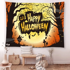 Halloween wall tapestry featuring a large moon, pumpkins and Happy Halloween text