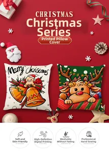 Dettaglio della federa natalizia che mostra la trama di lino e stampe festive