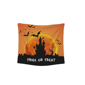 Halloween tapestry with orange full moon, castle and bats on white background