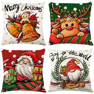 Set di 4 federe natalizie in lino con renne, Babbo Natale e motivi festivi dorati