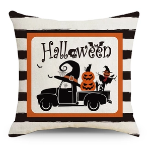 Halloween decorative square pillowcase featuring a vintage truck, pumpkins, and bats pattern