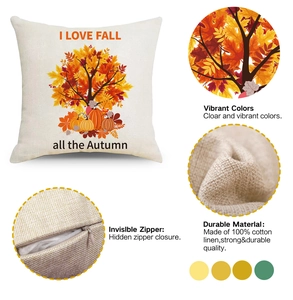 Linen autumn pillow cover with maple leaf pumpkin print and invisible zipper detail