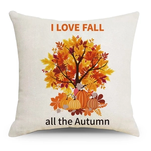 Fall maple leaf linen throw pillow cover with pumpkin print and I Love Fall text
