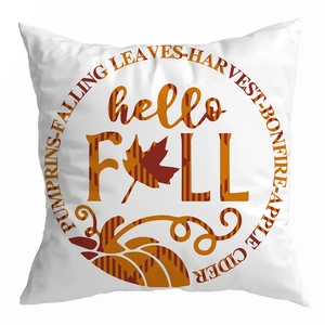 White Thanksgiving pillow cover with orange plaid patterns and Hello Fall text