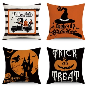 Halloween Throw Pillow Case Linen Pumpkin Witch Bat Decorative Cushion Cover For Sofa Living Room Halloween Decoration
