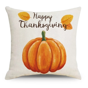 Linen Thanksgiving pillow cover with watercolor pumpkin and Happy Thanksgiving greeting
