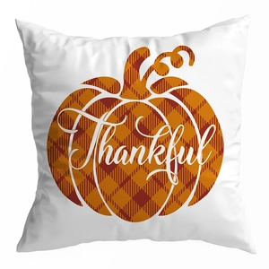 White Thanksgiving pillow cover with orange plaid pumpkin and Thankful text design