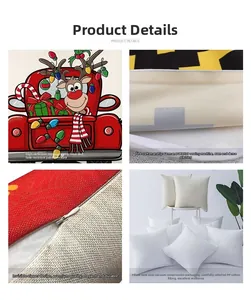 Detail view of Christmas pillow cover showing digital print, stitching and hidden zipper