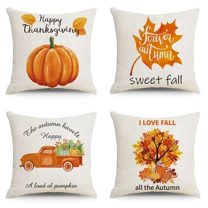 Set of 4 autumn linen pillow covers with pumpkin, maple leaf and Thanksgiving prints