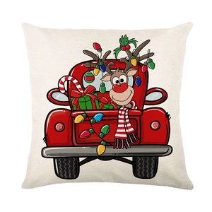 Christmas pillowcase with red vintage truck and festive reindeer on linen fabric