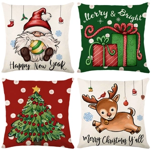 Christmas Polyester Pillow Case Reindeer Tree Santa Claus Print Square Cushion Cover For Home Sofa Holiday Decoration