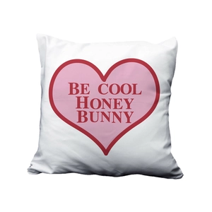 Minimalist peach skin pillowcase with heart and BE COOL HONEY BUNNY print on white background