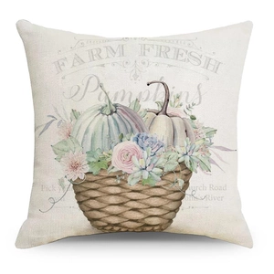 Detail of linen texture pillowcase with farmhouse floral pumpkin and rose print