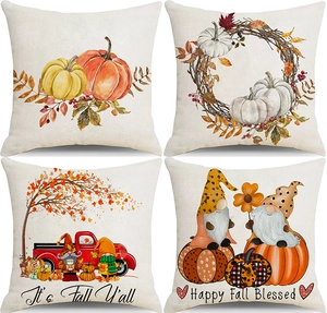 Set of 4 autumn pillow covers featuring pumpkins gnomes and trucks for fall decor