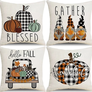 Set of 4 Thanksgiving pillow covers with pumpkin gnome designs for home decor