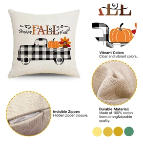 Housse de coussin d'automne avec camion de citrouilles et texte Happy Fall en lin