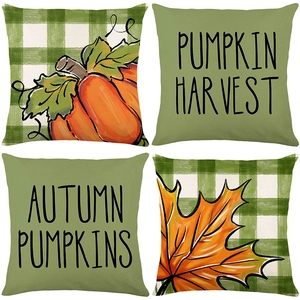 Set of 4 autumn pumpkin throw pillow covers in green and orange with maple leaf designs