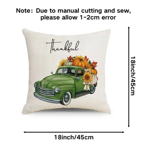 Detail view of 18-inch Thankful pillow cover with pumpkin truck and dimensions