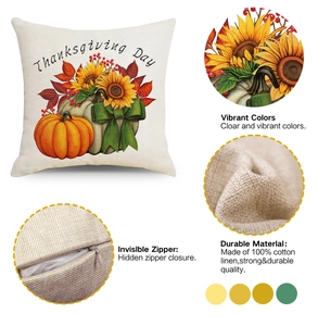 Detail of Thanksgiving pillow case showing cotton linen fabric and invisible zipper