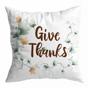 Macro detail of the Give Thanks lettering on white pumpkin harvest throw pillow cover