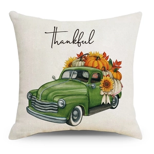 Thanksgiving pillow case with vintage green truck, pumpkin and sunflower thankful print