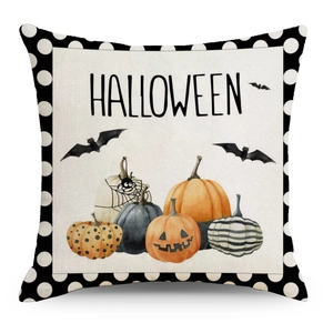 Halloween pumpkin cushion cover with hand-drawn bats and black polka dot border