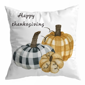 White Thanksgiving pillow cover featuring Happy Thanksgiving text and watercolor pumpkins