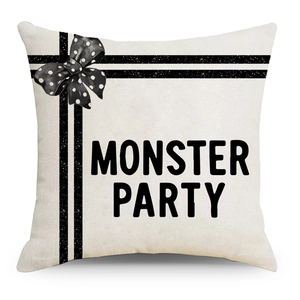 Minimalist Monster Party pumpkin pillow case with black stripes and dot bow on white fabric
